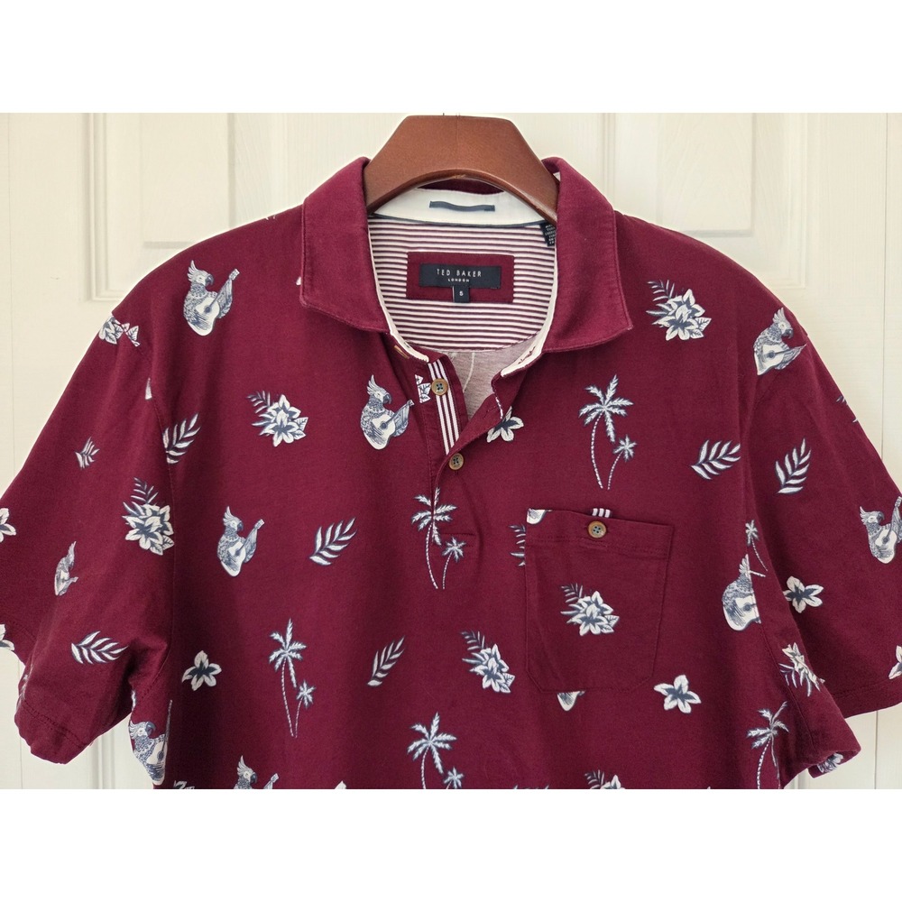 Ted Baker Polo Shirt Tropical Parrot Palm Mens 5 XL Burgundy - Picture 2 of 6